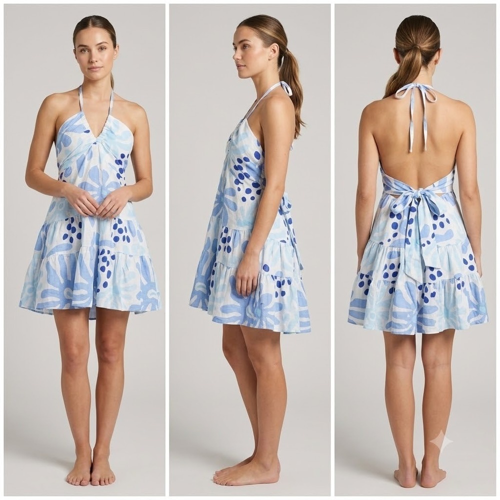 NWT Blanco By Nature Halter Mini Dress Womens M Blue White Azure Print Cotton